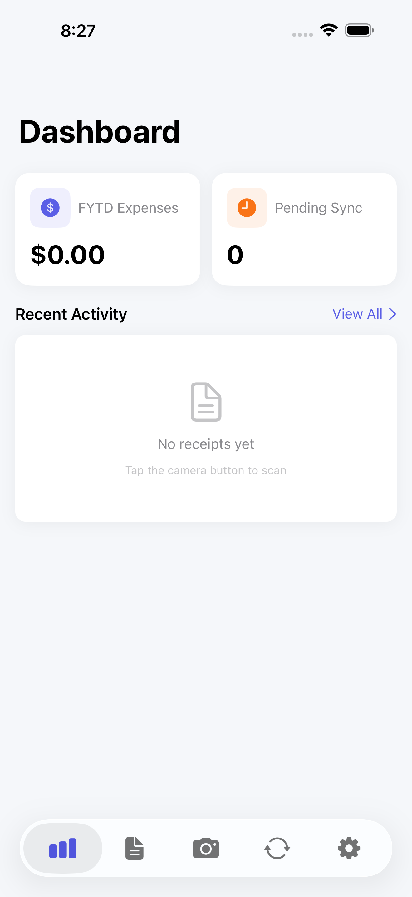 PrivaReceipt dashboard showing FYTD expenses and recent activity
