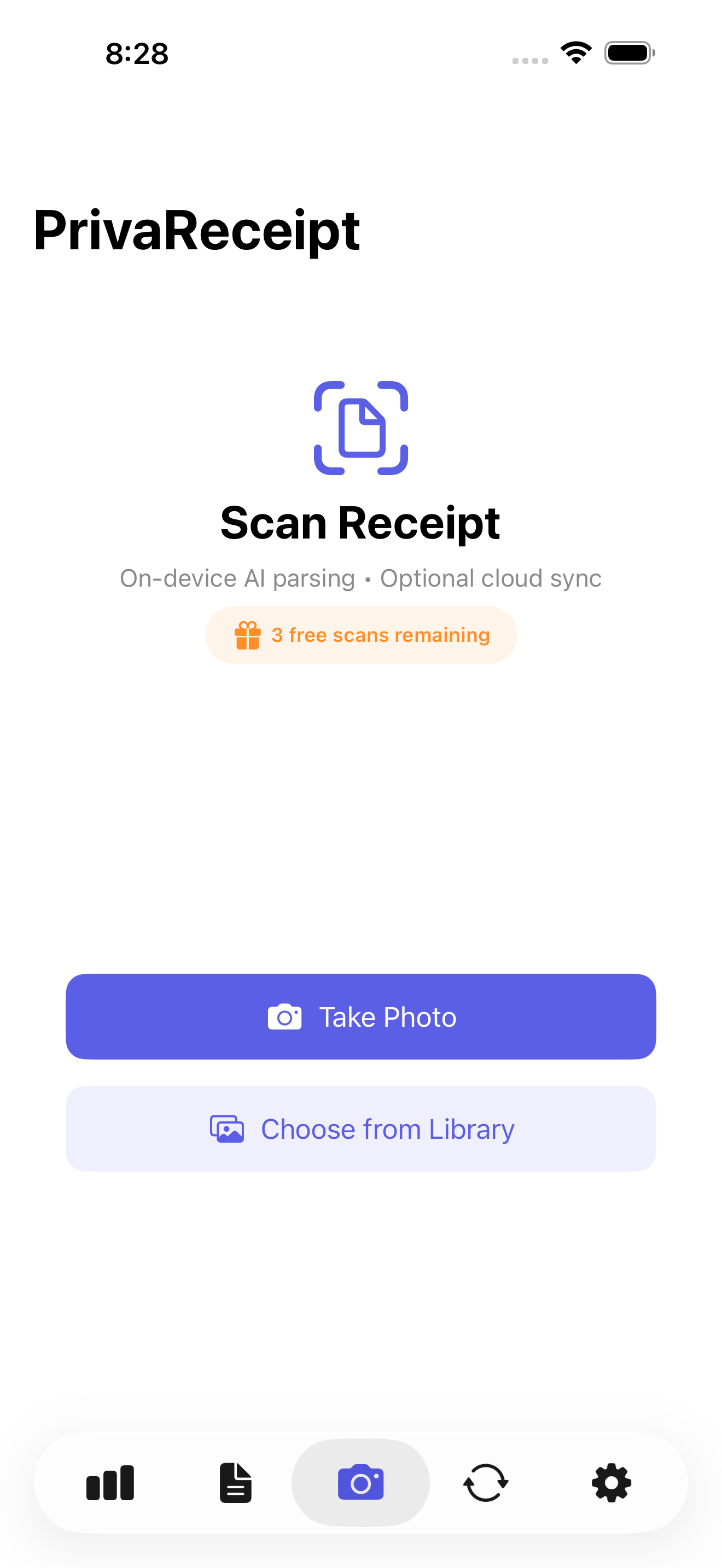PrivaReceipt scan screen for capturing new receipts