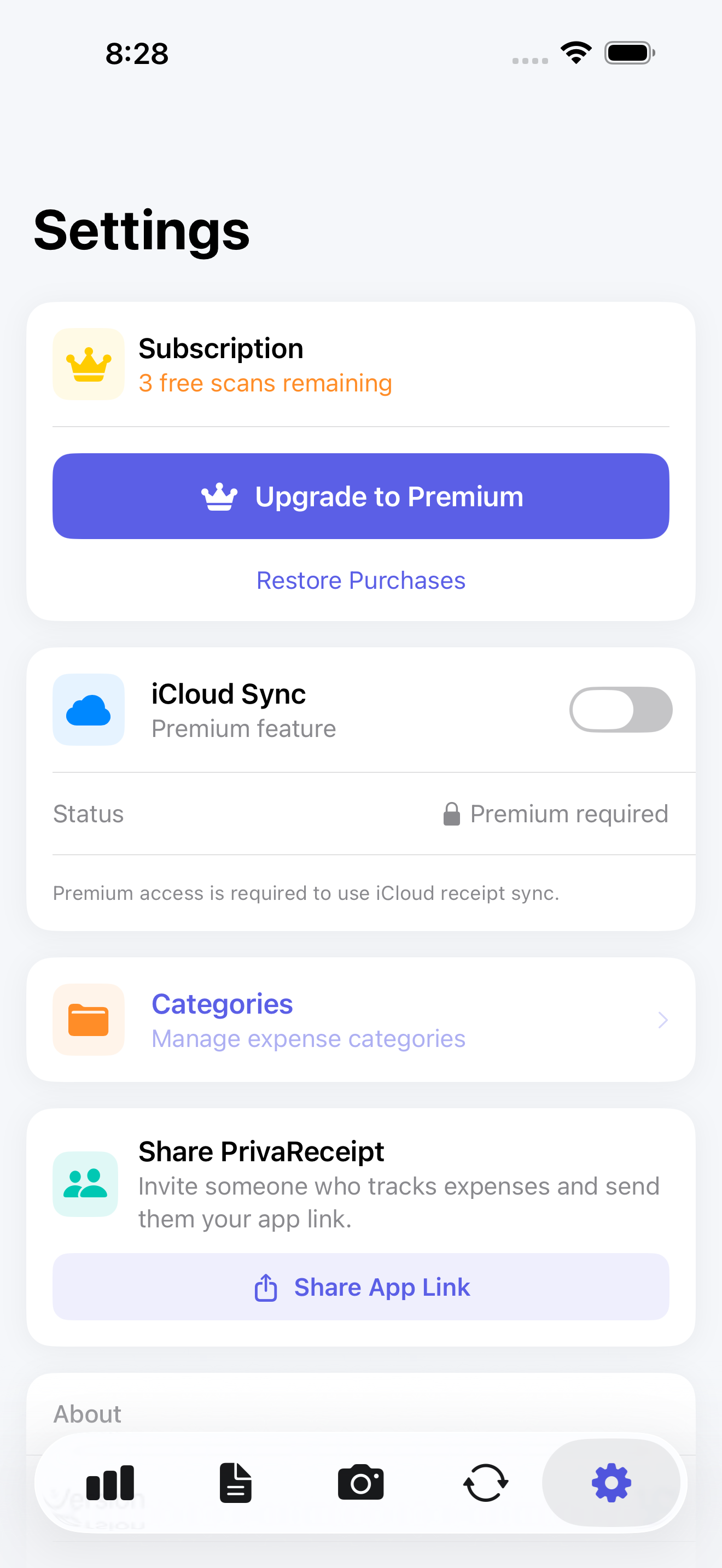 PrivaReceipt settings page with premium and sync controls